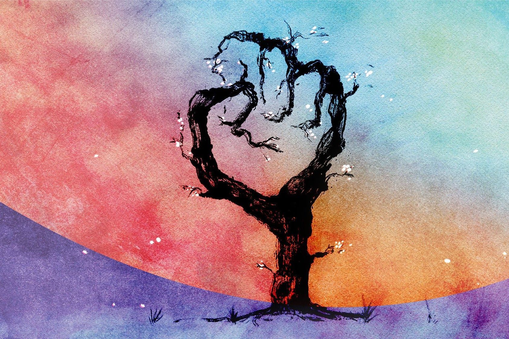 Abstract tree with branches shaped in a fist with white blossoms and a multi-color watercolor background.