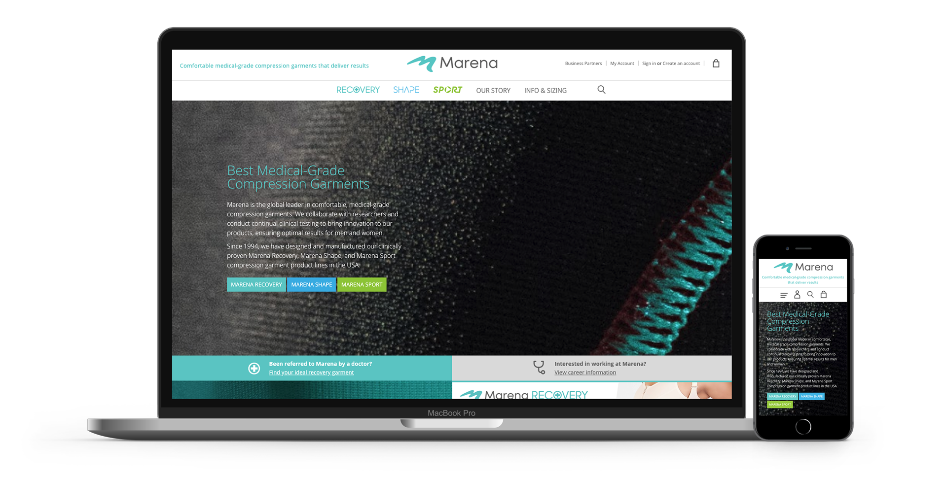 Mock-up of the marenagroup.com homepage on a laptop and mobile device