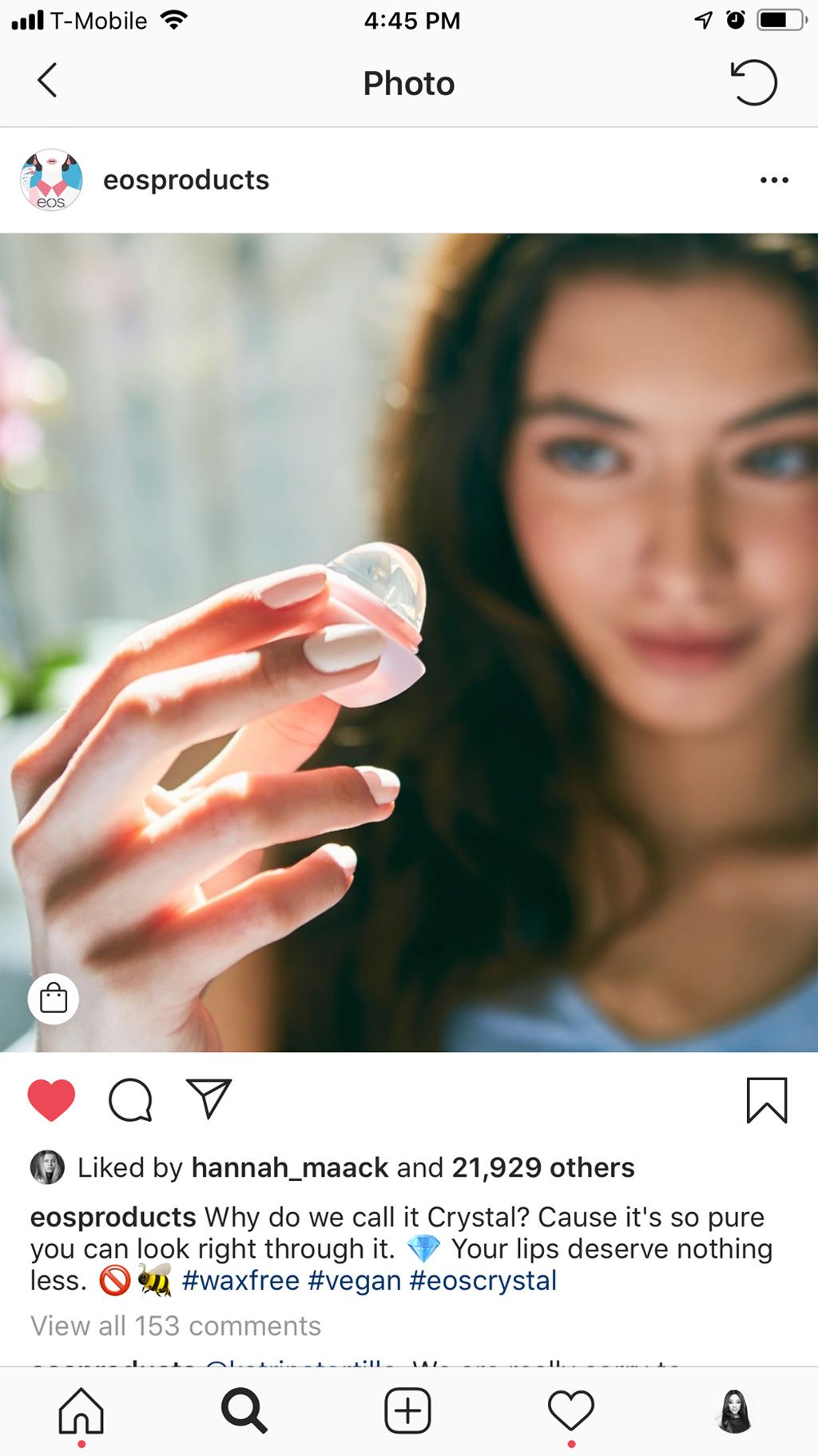 Screenshot of Instagram post for eosproducts showing their Crystal lip balm