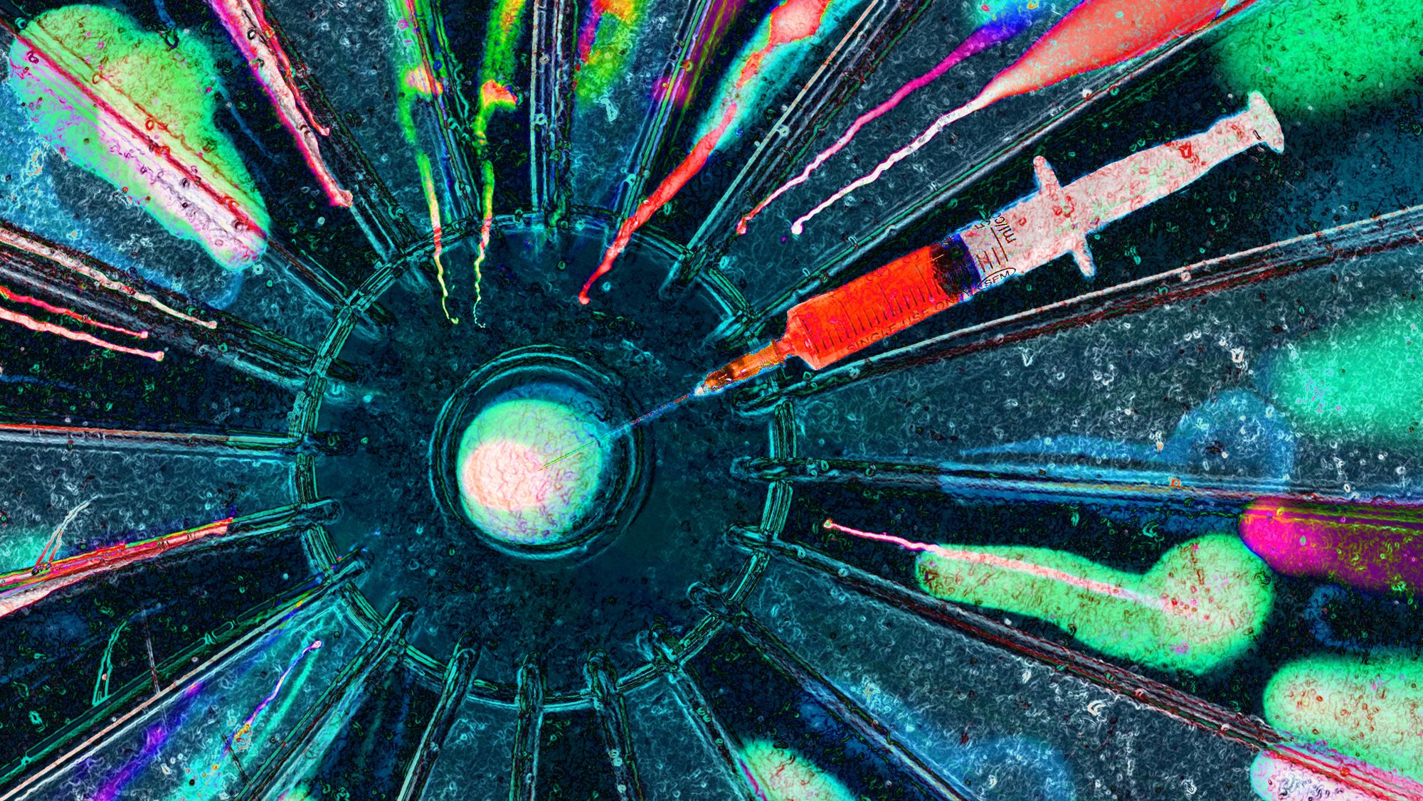 Stylized dark teal and black dartboard with a reddish orange vaccine syringe dart hitting the bullseye with abstract colors radiating around the center of the closely cropped board.